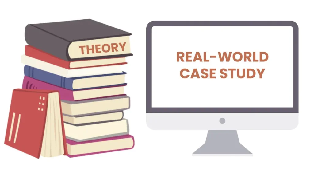 Stack of books labeled 'Theory' next to a computer displaying a 'Real-World Case Study', contrasting traditional vs. practical banking education.