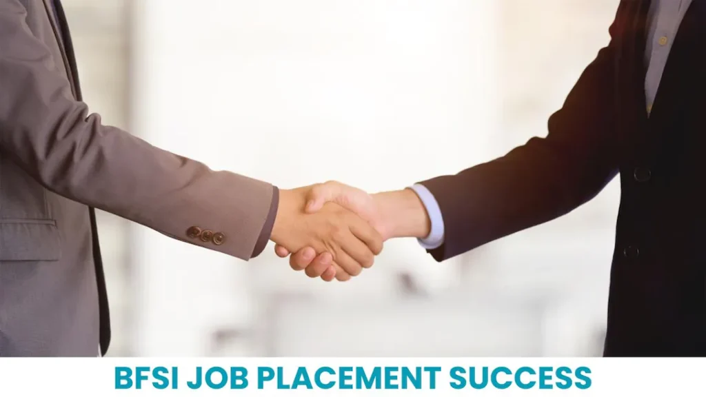 Two professionals shaking hands in a modern office, signifying securing a job placement after a banking course.